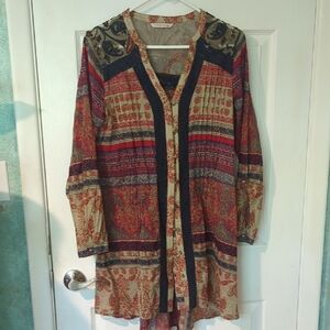 Soft surroundings red and blue sheer and lace top.